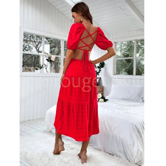Red Midi Dress Backless Lace Up Puff Sleeve Flared Ruffle Hem V-Neck - Picture 4 of 9